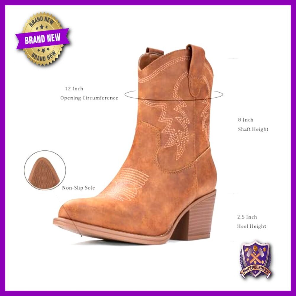 Western Cowgirl Ankle Booties Pointed Toe Chunky Heel Wide Fit Classic Style - Picture 4 of 7